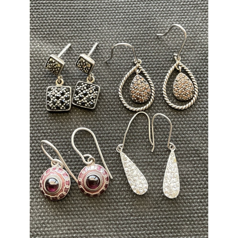 Lot Of 4 Pairs 925 Sterling Silver Gemstone Earrings Vintage Estate Jewelry